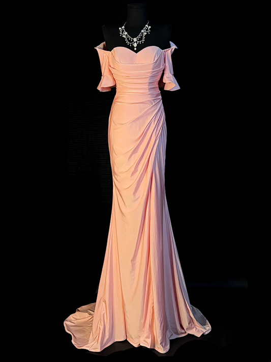 Off The Shoulder Pink Mermaid Prom Dress Satin Evening Gown  J10148