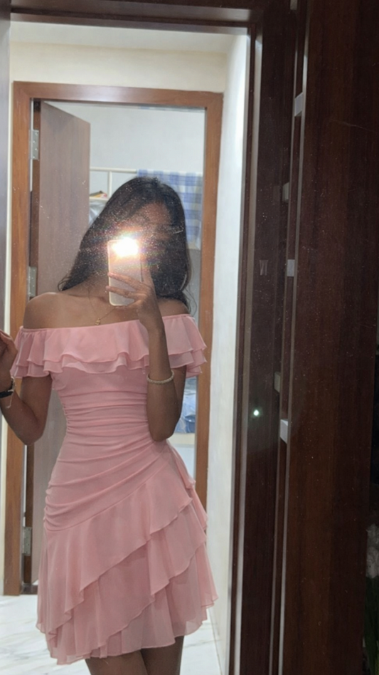 Off The Shoulder Pink Ruffled Chiffon Homecoming Dress  J11047