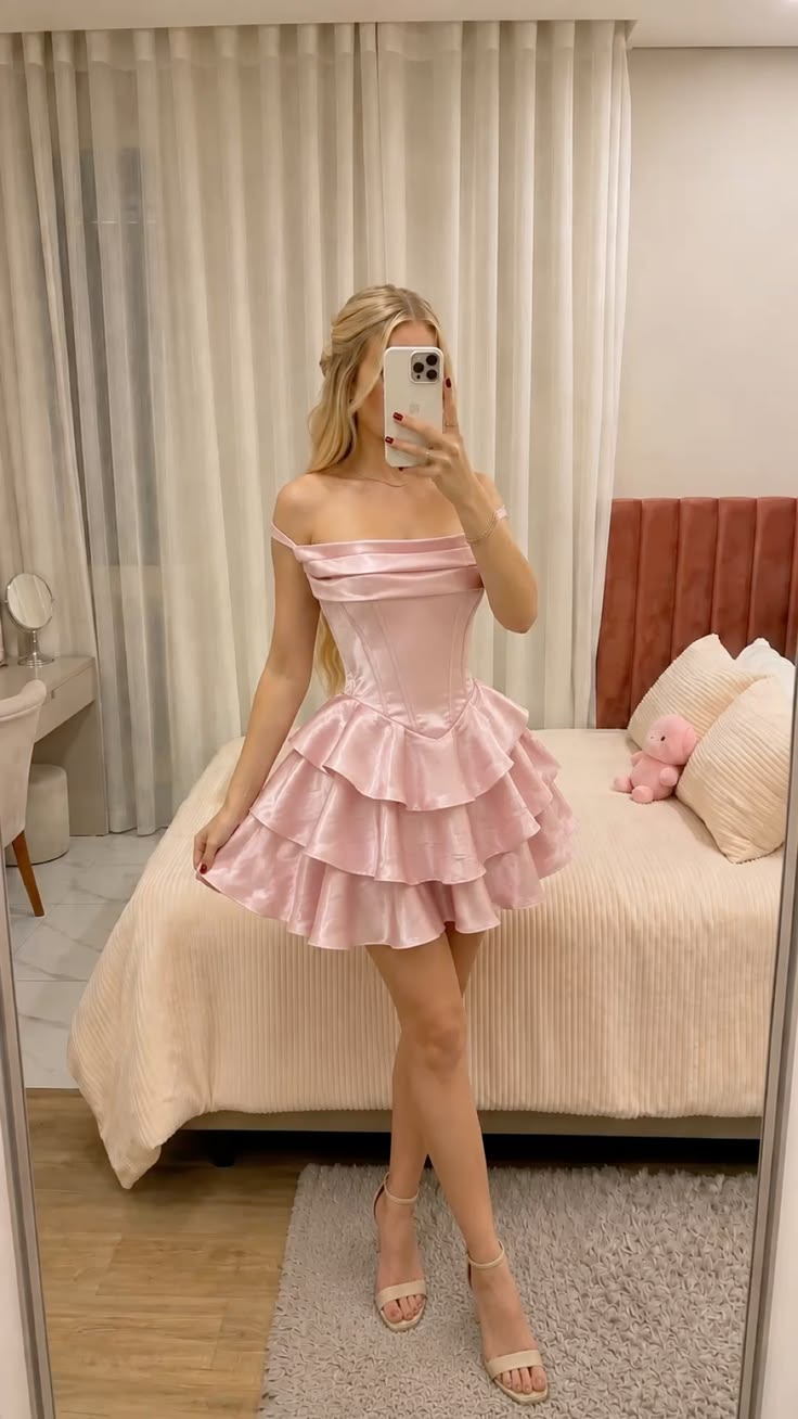 Off The Shoulder Pink Satin Homecoming Dress Layered Birthday Dress  J11605