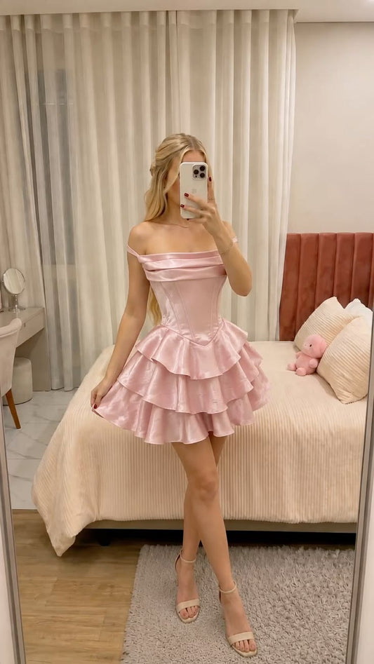 Off The Shoulder Pink Satin Homecoming Dress Layered Birthday Dress  J11605