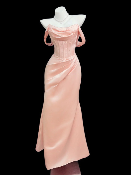 Off The Shoulder Pink Satin Prom Dress Mermaid Beaded Evening Dress J10377