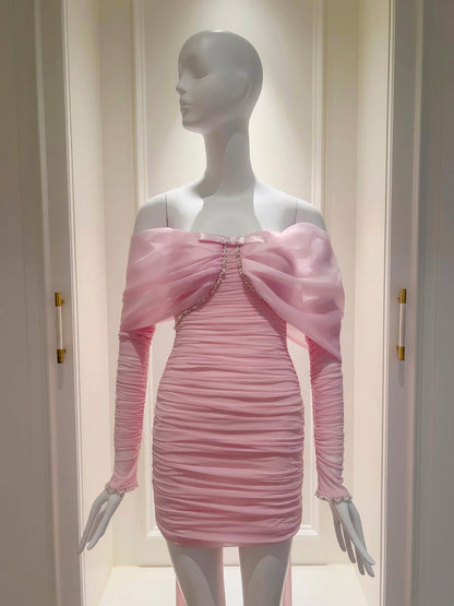 Off The Shoulder Pink Sheath Homecoming Dress With Pearls  J10276