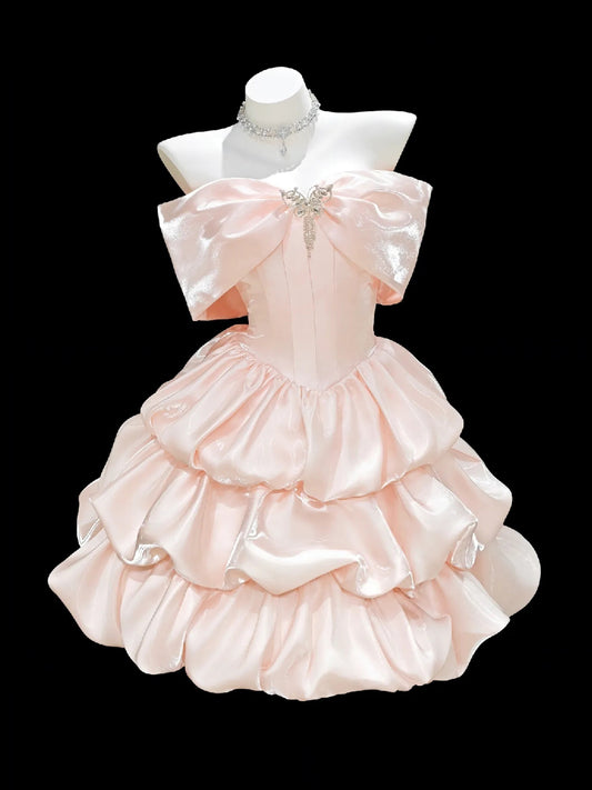 Off The Shoulder Pink Short Birthday Dress Ruffled A Line Homecoming Dress  J11749