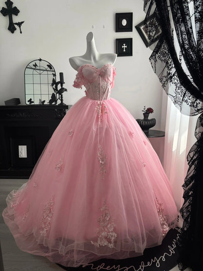 Off The Shoulder Pink Tulle Prom Dress Sweet 16 Quinceanera Dresses  J10600