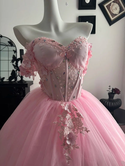 Off The Shoulder Pink Tulle Prom Dress Sweet 16 Quinceanera Dresses  J10600