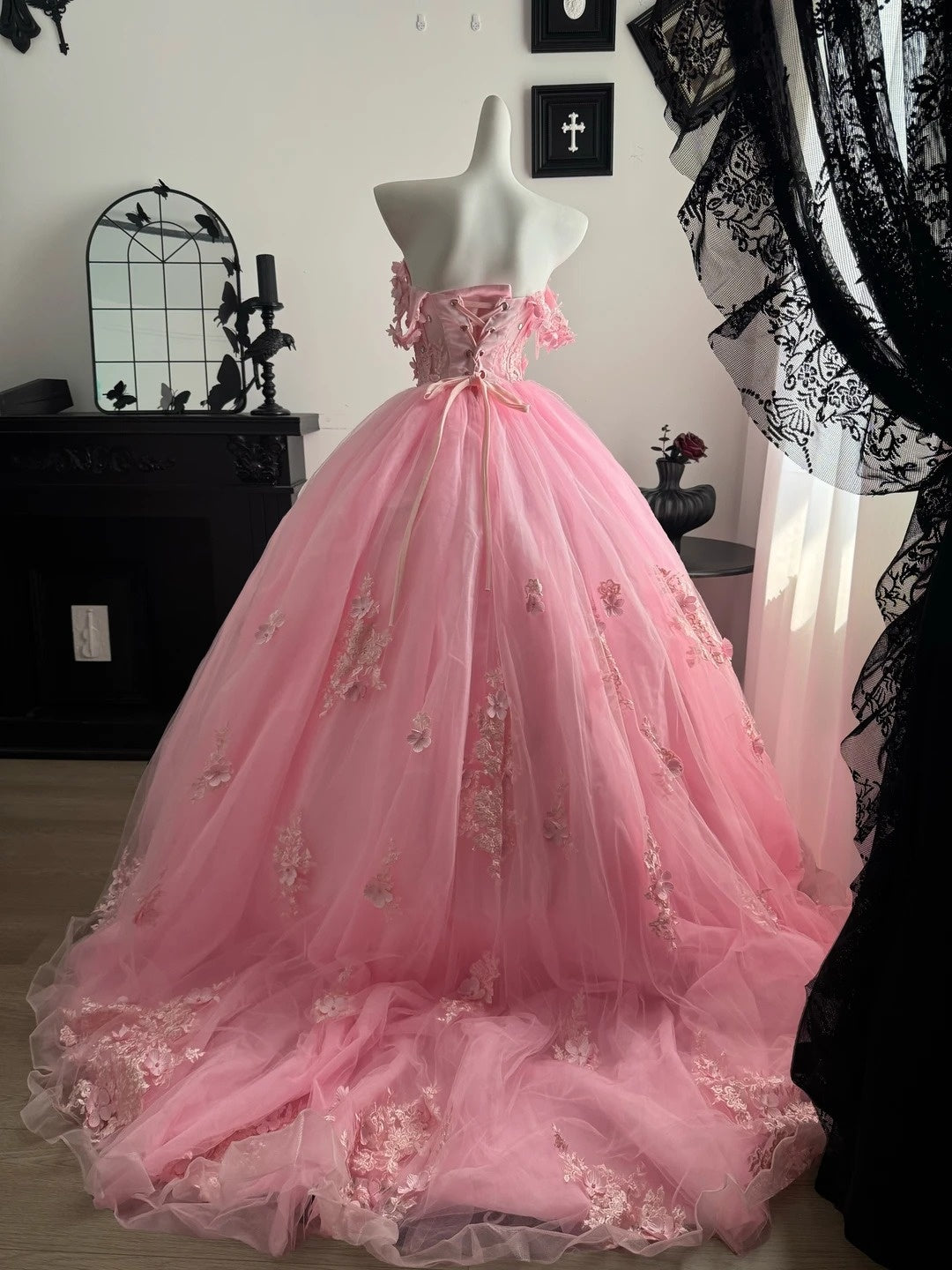 Off The Shoulder Pink Tulle Prom Dress Sweet 16 Quinceanera Dresses  J10600