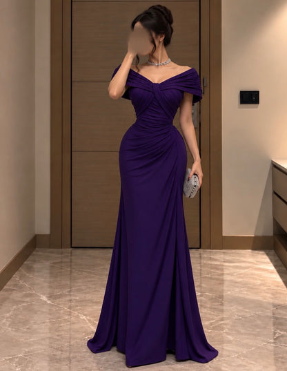 Off The Shoulder Purple Mermaid Prom Dress With Slit  J12099