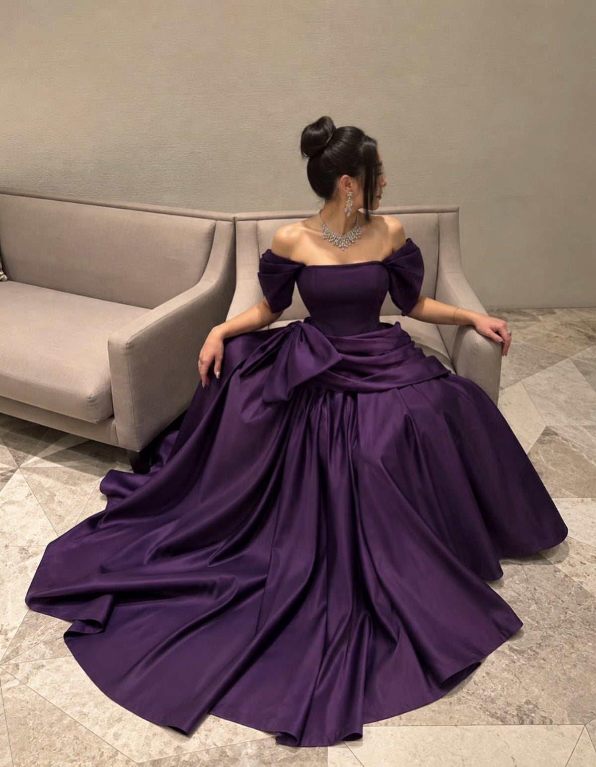 Off The Shoulder Purple Satin Formal Prom Dress With Bow Knot  J12096
