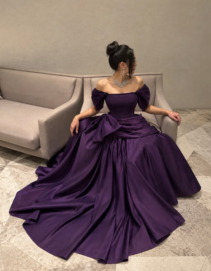 Off The Shoulder Purple Satin Formal Prom Dress With Bow Knot  J12096