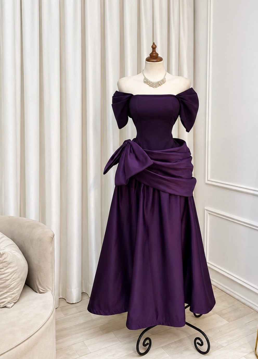 Off The Shoulder Purple Satin Formal Prom Dress With Bow Knot  J12096