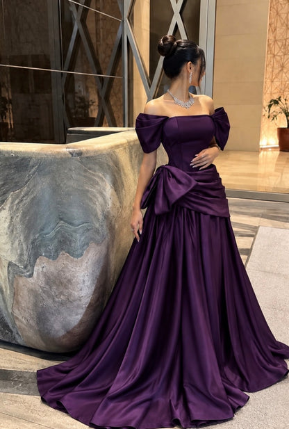 Off The Shoulder Purple Satin Formal Prom Dress With Bow Knot  J12096