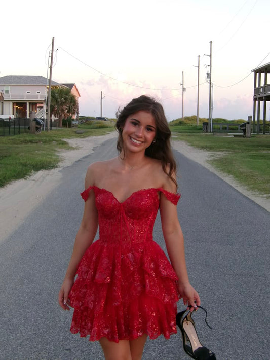 Off The Shoulder Red Lace Homecoming Dress Layered Cocktail Dress  J11764