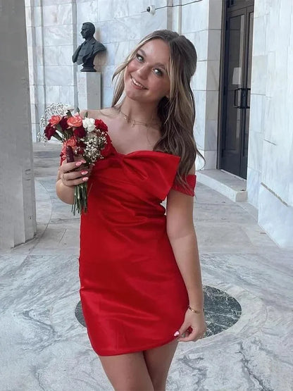 Off The Shoulder Red Satin Mini Homecoming Dress With Bow Knot  J11655