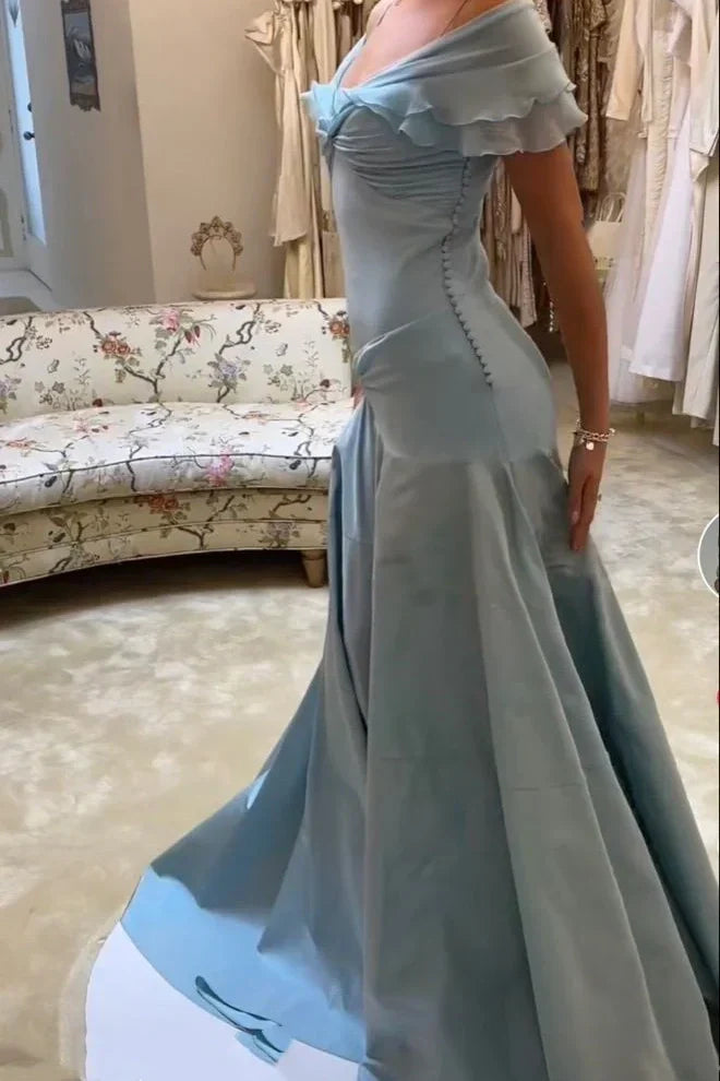 Off The Shoulder Retro A-Line Grey Blue Ruffle Long Prom Dress J10208