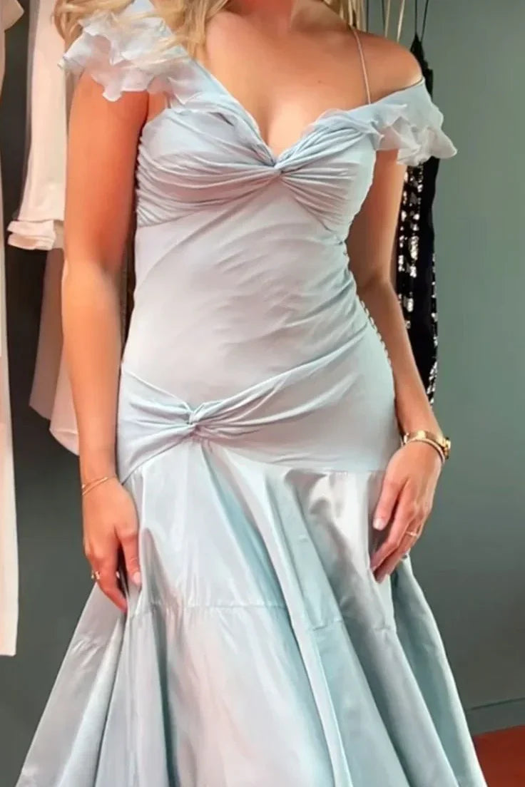 Off The Shoulder Retro A-Line Grey Blue Ruffle Long Prom Dress J10208