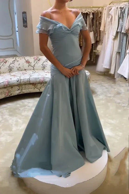 Off The Shoulder Retro A-Line Grey Blue Ruffle Long Prom Dress J10208