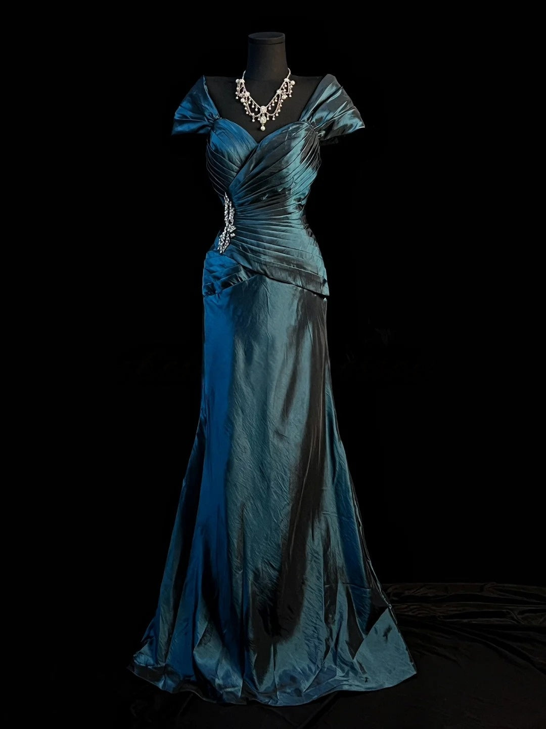 Off The Shoulder Retro Satin Prom Dress Beaded Evening Dress  J10412