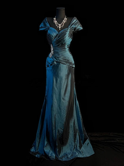 Off The Shoulder Retro Satin Prom Dress Beaded Evening Dress  J10412