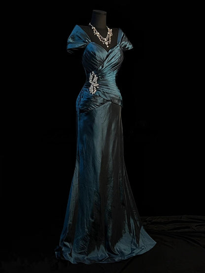 Off The Shoulder Retro Satin Prom Dress Beaded Evening Dress  J10412