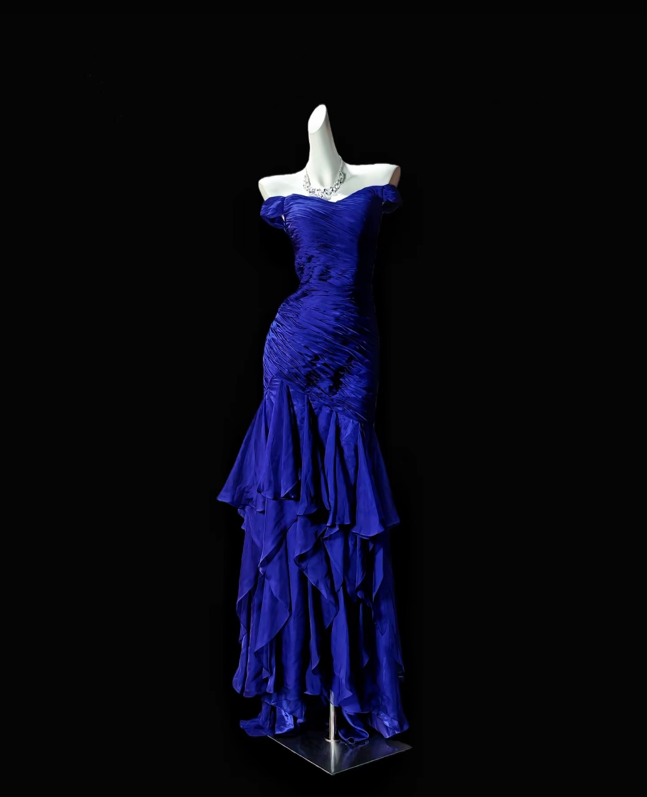 Off The Shoulder Royal Blue Mermaid Prom Dress Ruffled Evening Gown J10245