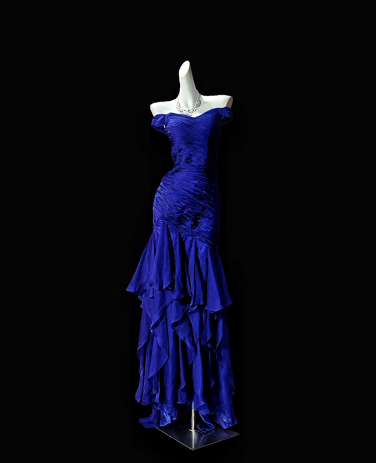 Off The Shoulder Royal Blue Mermaid Prom Dress Ruffled Evening Gown J10245