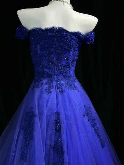 Off The Shoulder Royal Blue Tulle Formal Prom Dress Appliqued Birthday Dress  J11847