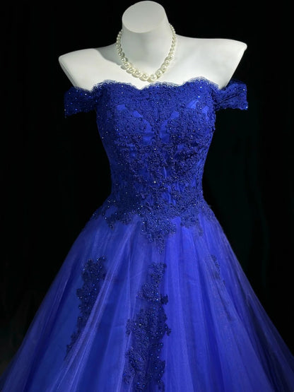 Off The Shoulder Royal Blue Tulle Formal Prom Dress Appliqued Birthday Dress  J11847