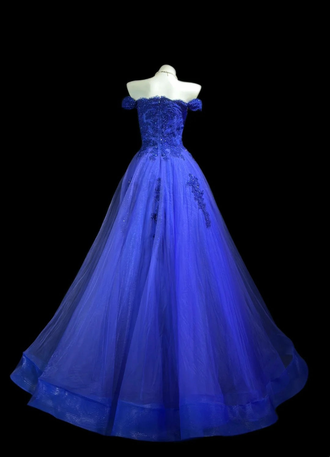 Off The Shoulder Royal Blue Tulle Formal Prom Dress Appliqued Birthday Dress  J11847