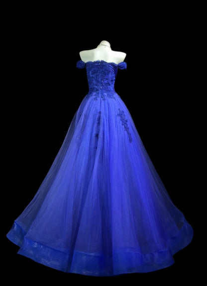 Off The Shoulder Royal Blue Tulle Formal Prom Dress Appliqued Birthday Dress  J11847