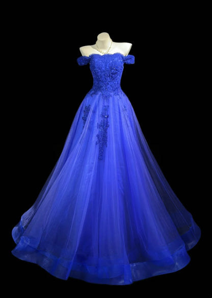 Off The Shoulder Royal Blue Tulle Formal Prom Dress Appliqued Birthday Dress  J11847