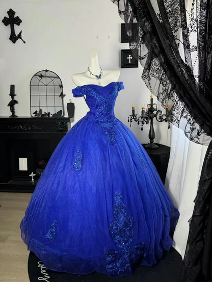 Off The Shoulder Royal Blue Tulle Prom Dress Ball Gown Sweet 16 Birthday Dress  J10824