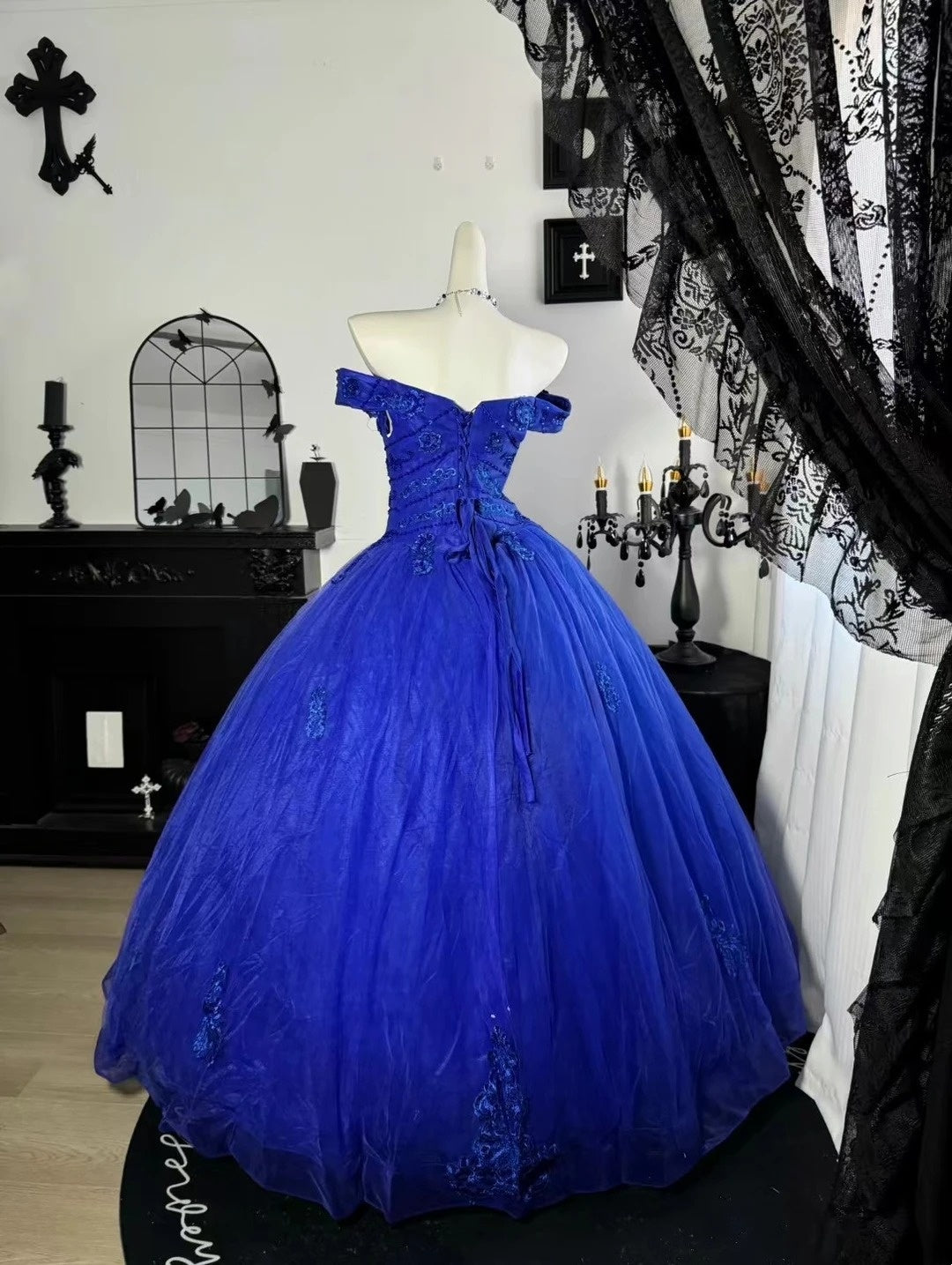 Off The Shoulder Royal Blue Tulle Prom Dress Ball Gown Sweet 16 Birthday Dress  J10824