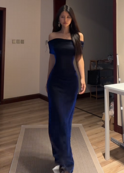 Off The Shoulder Royal Blue Velvet Prom Dress Formal Evening Gown  J10061