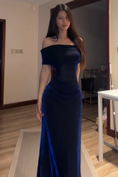 Off The Shoulder Royal Blue Velvet Prom Dress Formal Evening Gown  J10061