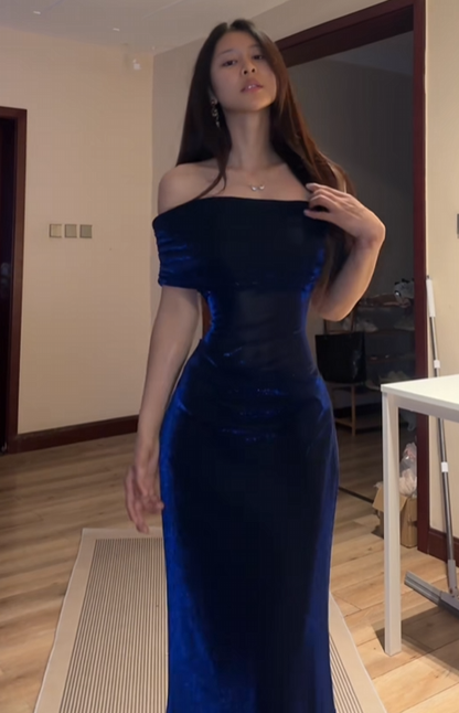Off The Shoulder Royal Blue Velvet Prom Dress Formal Evening Gown  J10061