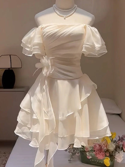 Trägerloses silbernes Vintage-Abendkleid, A-Linie, Geburtstagskleid J9370