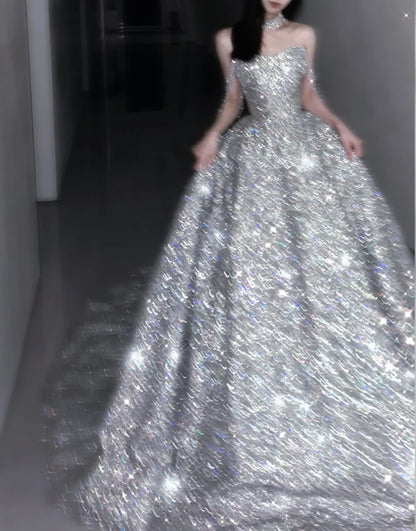 Trägerloses silbernes Vintage-Abendkleid, A-Linie, Geburtstagskleid J9370
