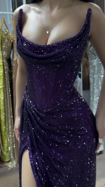 Off The Shoulder Sparkle Formal Prom Dress Sexy Evening Dress With Slit  J10312