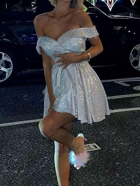 Off The Shoulder Sparkle Short Homecoming Dress A Line Cocktail Dress  J11503