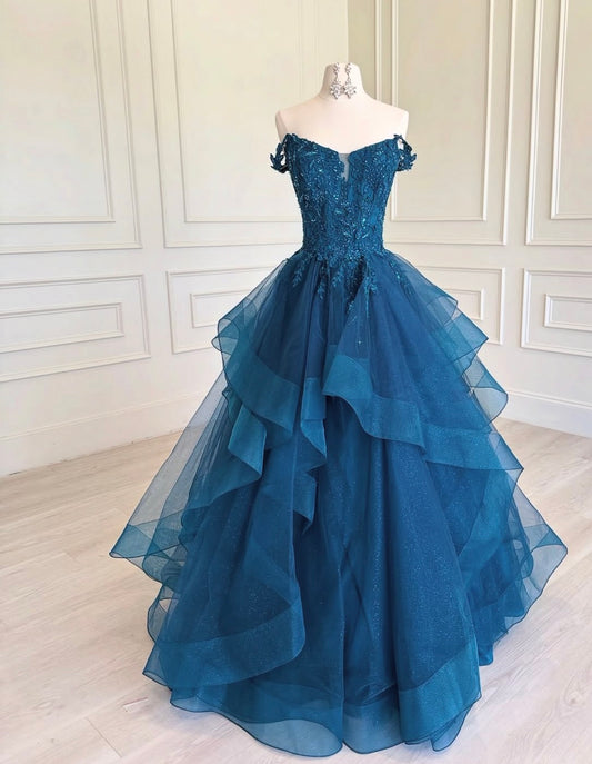 Off The Shoulder Teal Blue Tulle Prom Dress A Line Formal Dress J9920