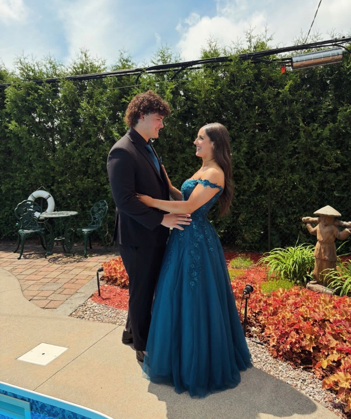Off The Shoulder Teal Tulle Formal Prom Dress With Appliques  J11784