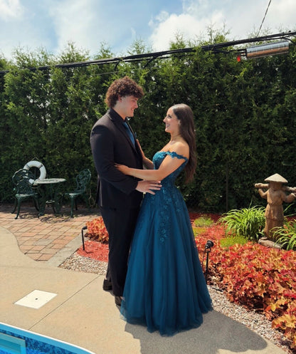 Off The Shoulder Teal Tulle Formal Prom Dress With Appliques  J11784