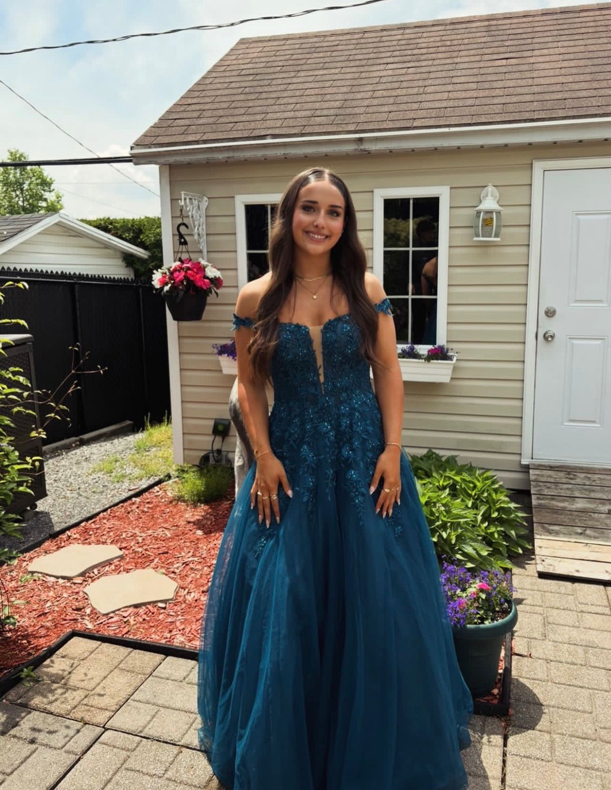 Off The Shoulder Teal Tulle Formal Prom Dress With Appliques  J11784