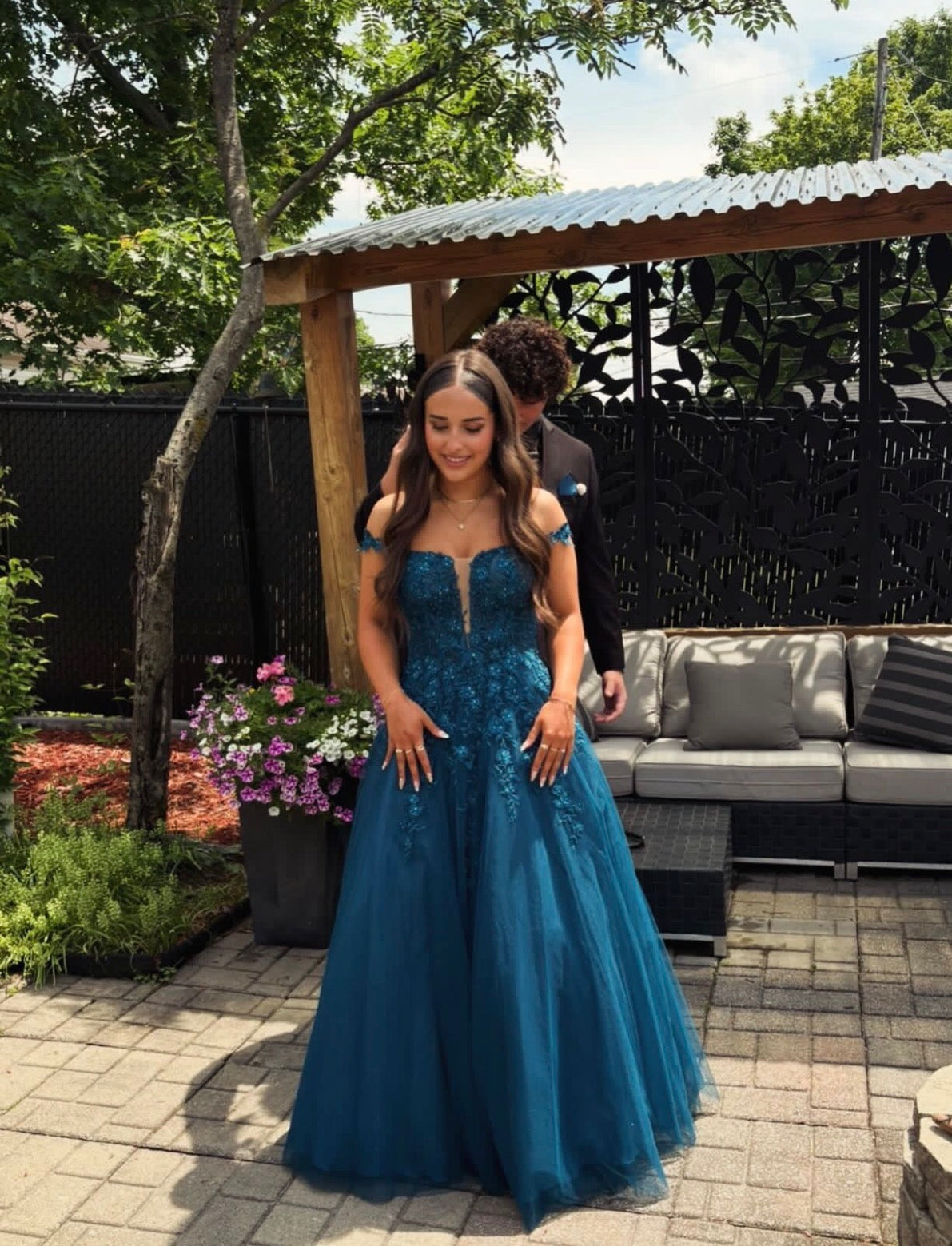 Off The Shoulder Teal Tulle Formal Prom Dress With Appliques  J11784
