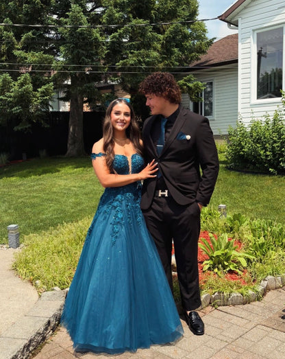Off The Shoulder Teal Tulle Formal Prom Dress With Appliques  J11784