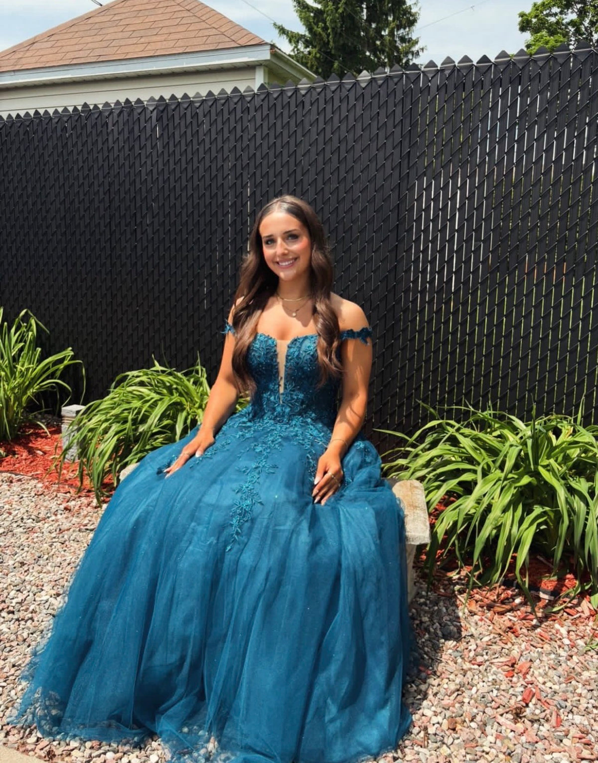 Off The Shoulder Teal Tulle Formal Prom Dress With Appliques  J11784