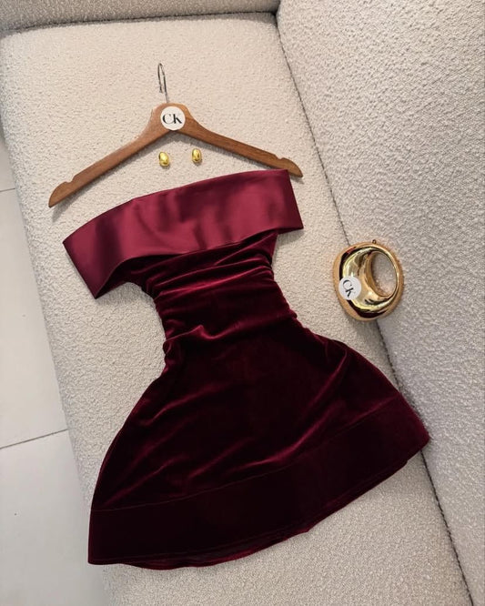 Off The Shoulder Velvet Burgundy Short Homecoming Dress  J11090