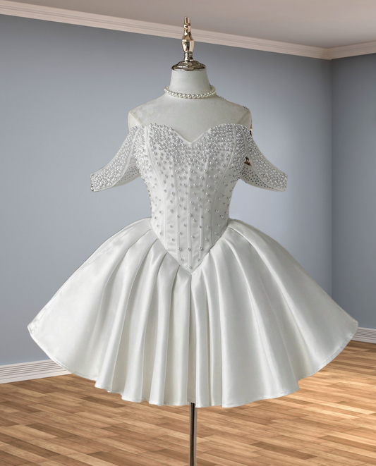 Off The Shoulder White Pearl Beaded Birthday Dress  J10253