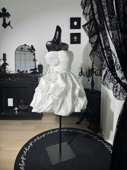 Trägerloses silbernes Vintage-Abendkleid, A-Linie, Geburtstagskleid J9370