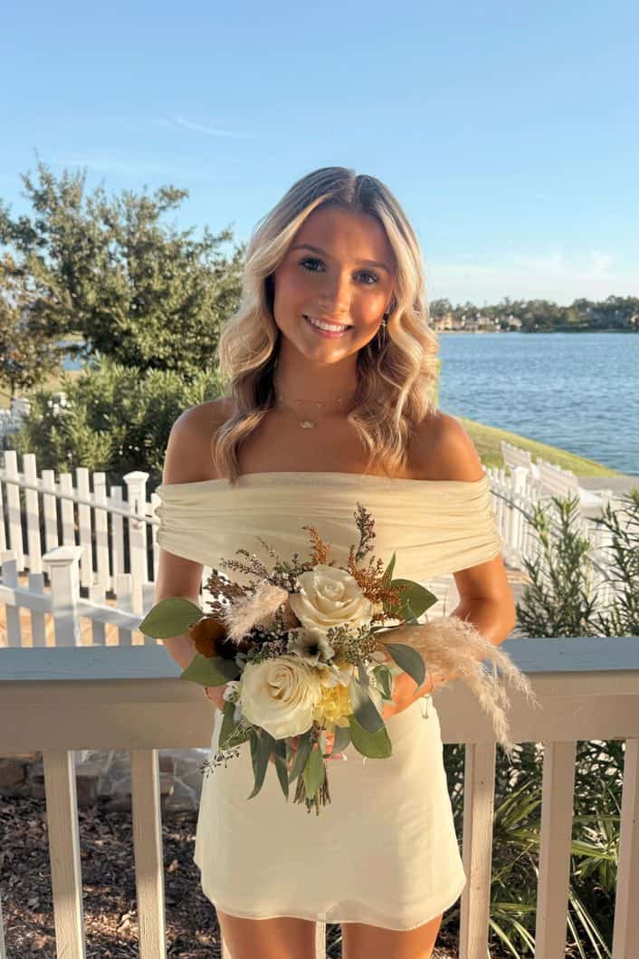 Off The Shoulder Yellow Chiffon Homecoming Dress  J11224